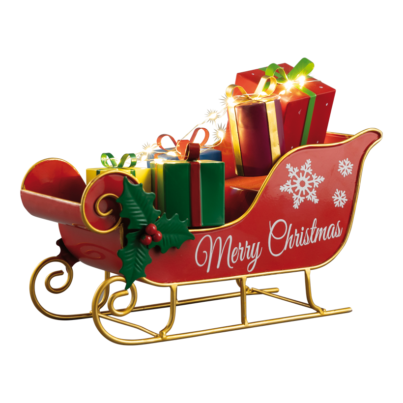 Släde med presenter, 27x20x13cm av plåt batteridriven 2x AAA krävs