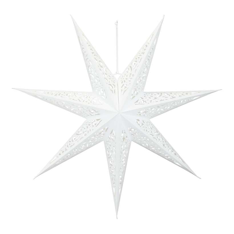Foldable star, 7-pointed, 60cm including 3m power cable with switch and socket, without bulb, with hole pattern, with hanger, made of cardboard