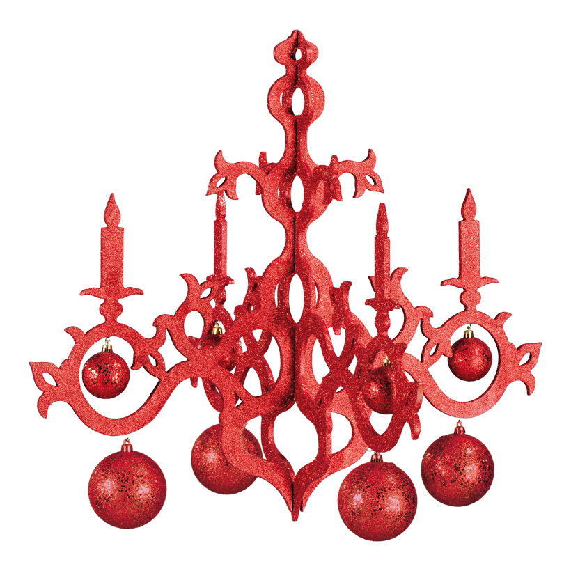 Kristallkrona med julkulor, 53cm, 4 armar med glitter, trä/plast