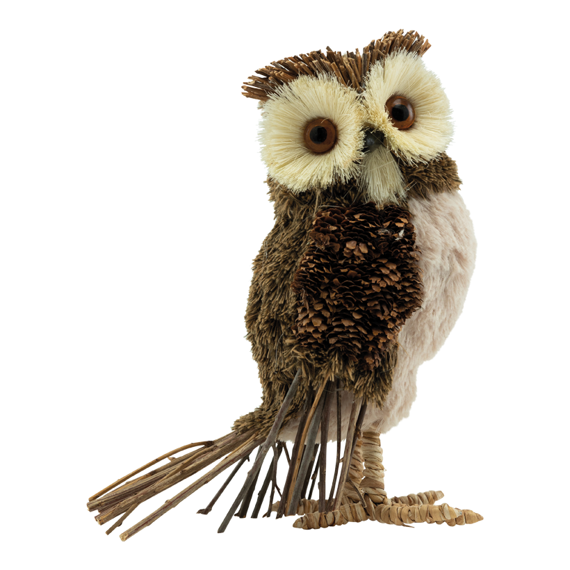 Uggla, 27x13x22cm av frigolit/träfiber/silke stående, med kottar och trägrenar