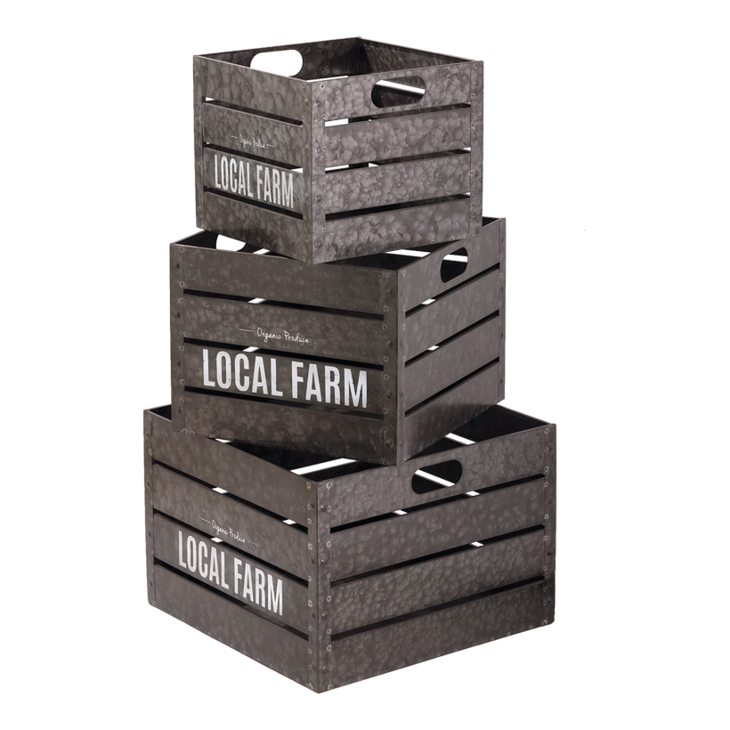 Metall lådor 27x27x23cm-40x40x28cm set om 3 med bokstäver "Local farm"