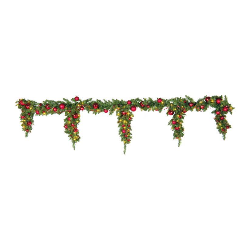 Granrisgirlang med dekor, 270cm Ø 25cm, Zapfenlänge: 50/60/70/60/50cm 60 bollar av plast, 100 lysdioder, röd stjärntråd