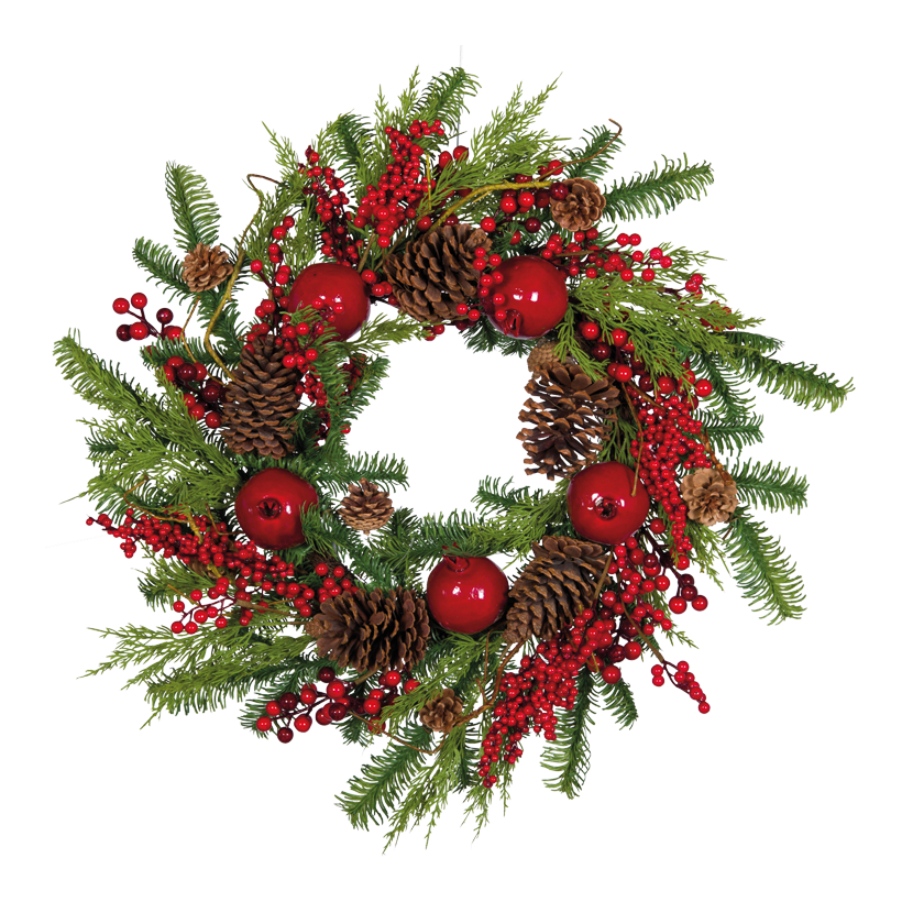 Grankrans, Ø 70cm av plast/frigolit med granatäpplen, kottar och bär