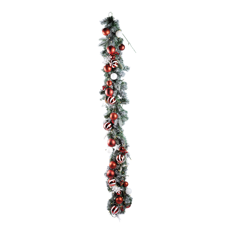 Fir garland, snowed, 180cm Ø 30cm out of plastic, with 100 warm white LEDs, one-sided decorated with balls, stars and berries