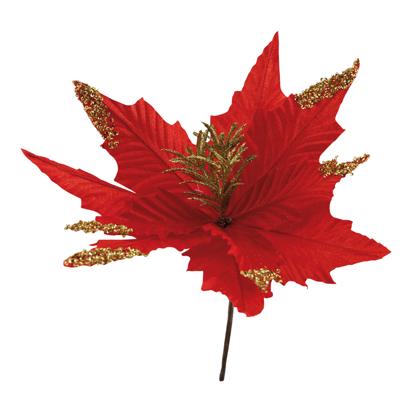 Julstjärna blomhuvud, Ø 31cm Stiel: 14,5cm av plast/konstsilke med glitter och paljetter, flexibel