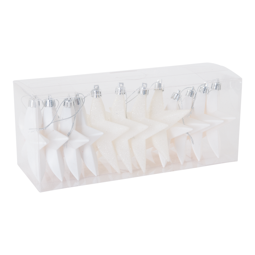 Julstjärnor, Ø 10cm 12 st. av plast, i blister, med hängare