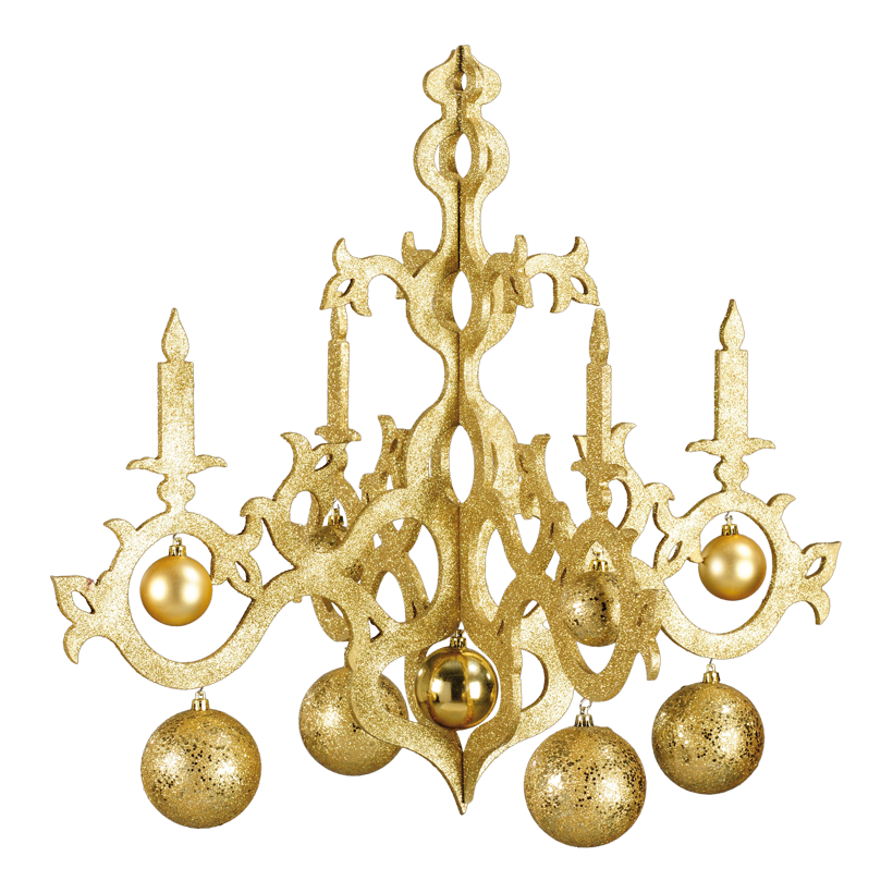 Kristallkrona med julkulor, 53cm, 4 armar med glitter, trä/plast