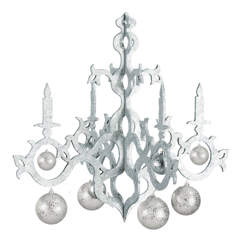 Kristallkrona med julkulor, 53cm, 4 armar med glitter, trä/plast