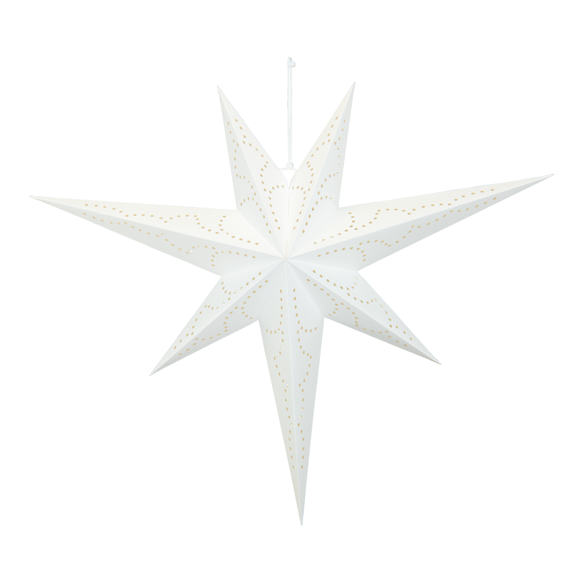 Foldable star, 7-pointed, 60cm including 3m power cable with switch and socket, without bulb, with hole pattern, with hanger, made of cardboard