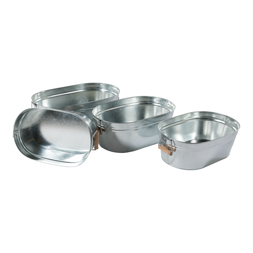 Zinkbaljor med handtag 52x26x12,5cm, 55x28x15cm, 58x29x18cm, 60x32x20cm set med 4 delar, kapslade