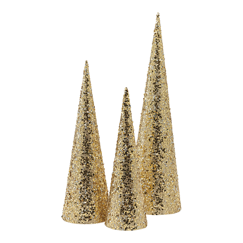 Konor, gran 60cm Ø 16cm, 45cm Ø 14cm 38cm Ø 12cm 3st/set av plast glitter, kapslade