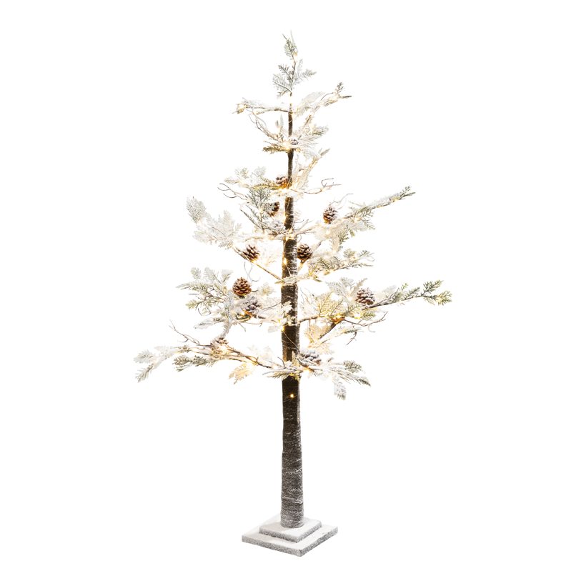 Träd 120cm mit Standfuß:17x17x4,5cm med 280 LEDs, 2-delar av plast/MDF/papper med kottar, snötäckt, med IP44 kontakt