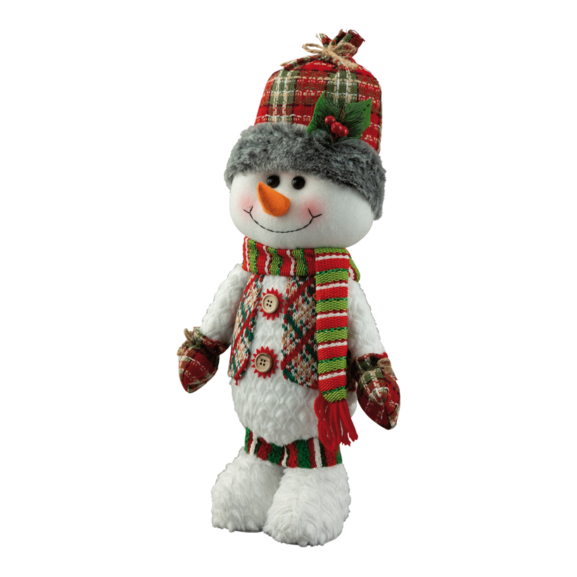 Snögubbe, 45x20x15cm av plast/tyg stående, flexibel mössa