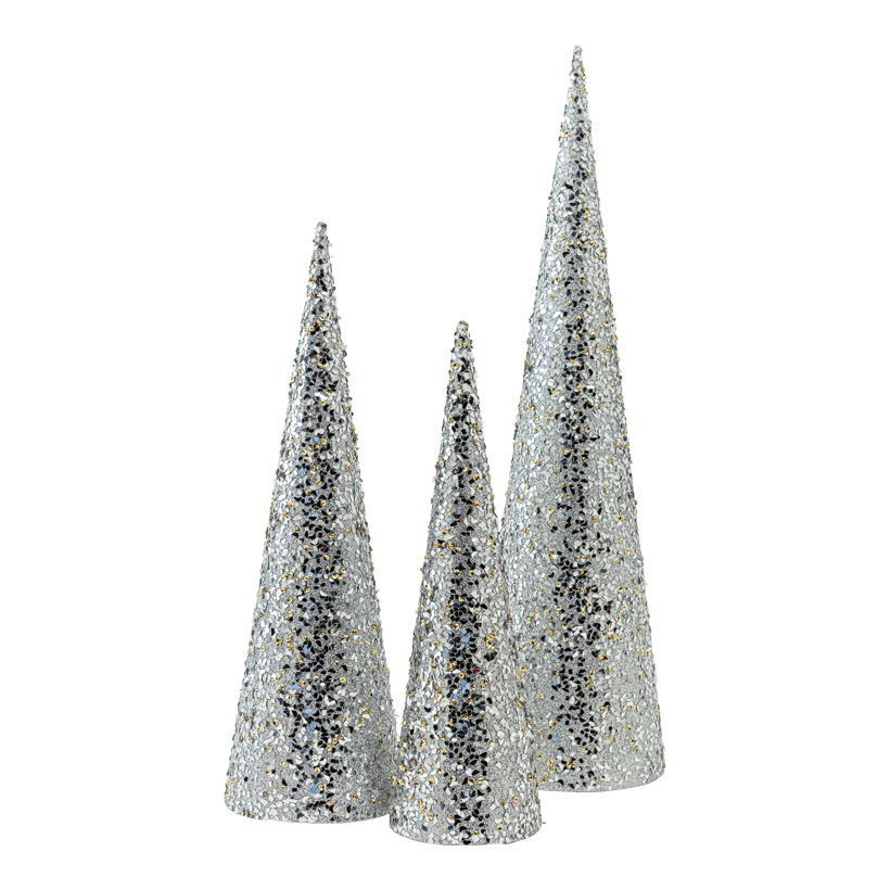 Konor, gran 60cm Ø 16cm, 45cm Ø 14cm 38cm Ø 12cm 3st/set av plast glitter, kapslade