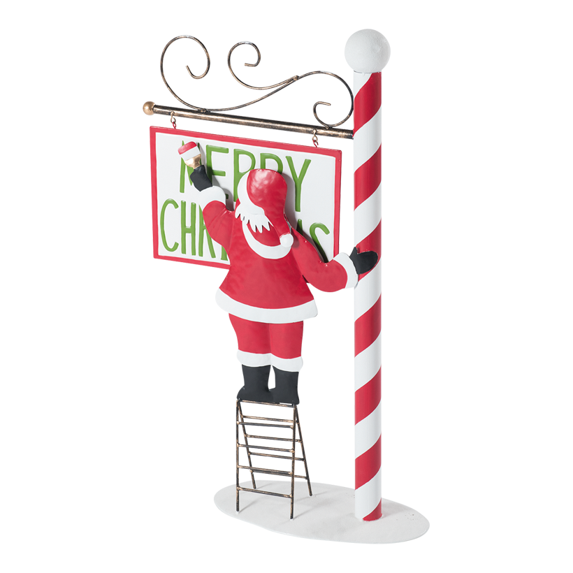 Skylt "Merry Christmas", 92x52cm med tomten på stege gjord av metall