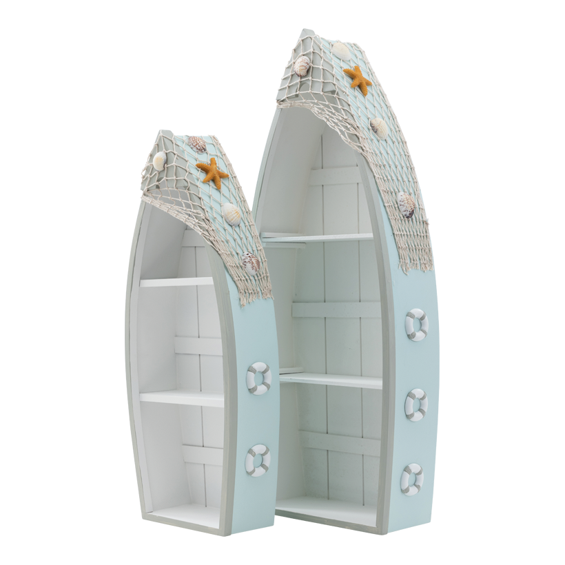 Hyllor i form av båt 60x25x10cm, 48,5x20x8,5cm mit 2 Einlegeregalen a 20x7,7x0,5cm set med 2 stycken av trä/rep, passar in i varandra