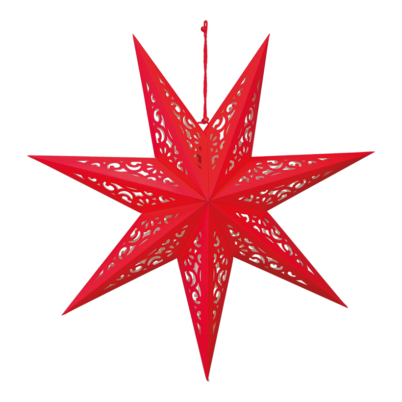 Foldable star, 7-pointed, 48cm including 3m power cable with switch and socket, without bulb, with hole pattern, with hanger, made of cardboard
