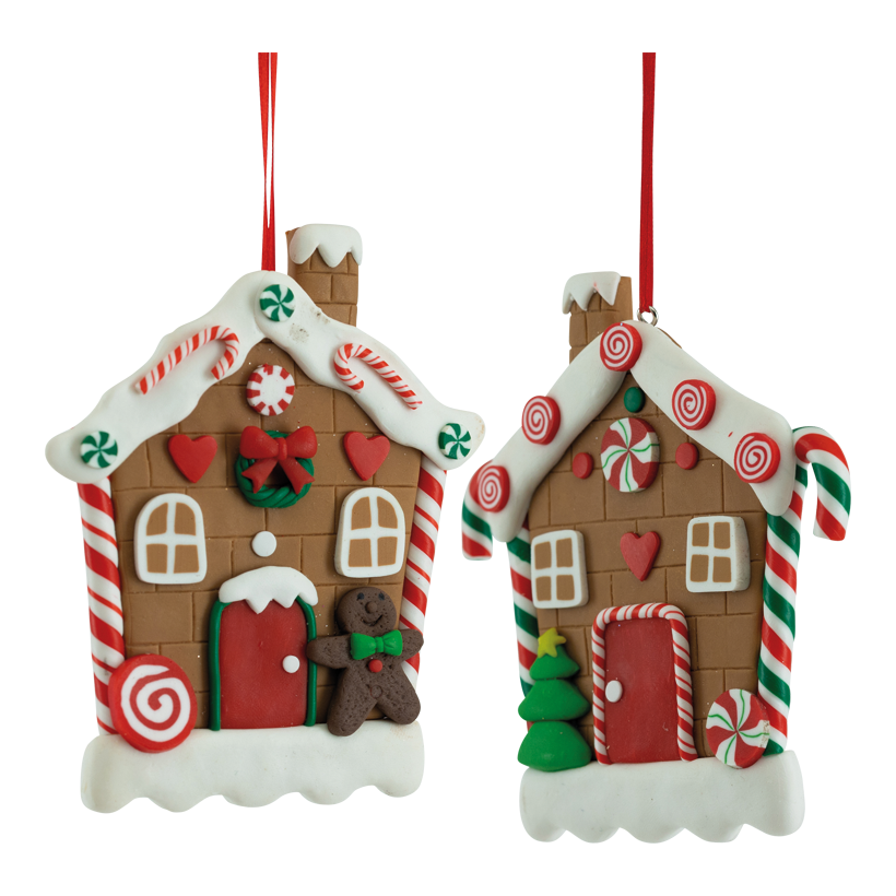 Gingerbread house, 11x10cm 2-fold, out of plastic, assorted, with hanger