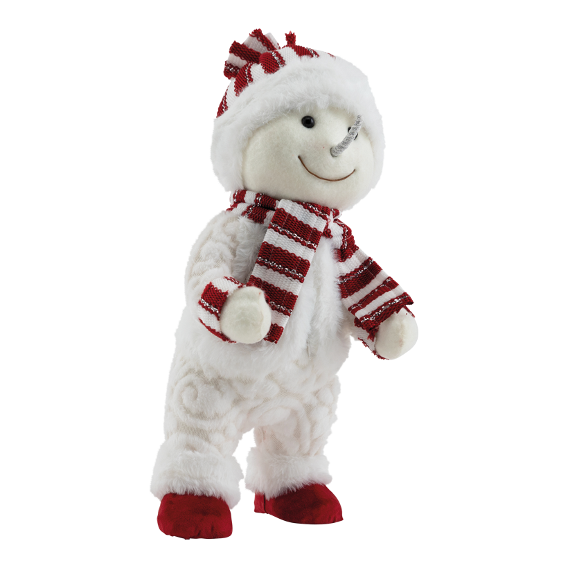 Snögubbe, 38x18cm av frigolit/textil stående, med halsduk, mössa