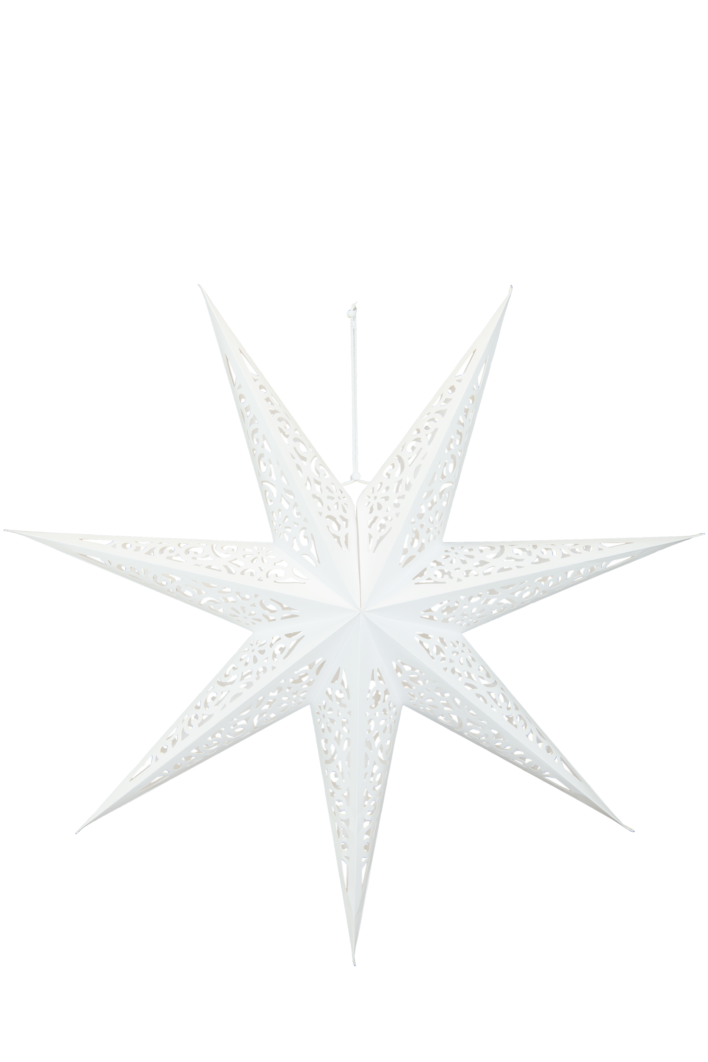 Foldable star, 7-pointed, 48cm including 3m power cable with switch and socket, without bulb, with hole pattern, with hanger, made of cardboard