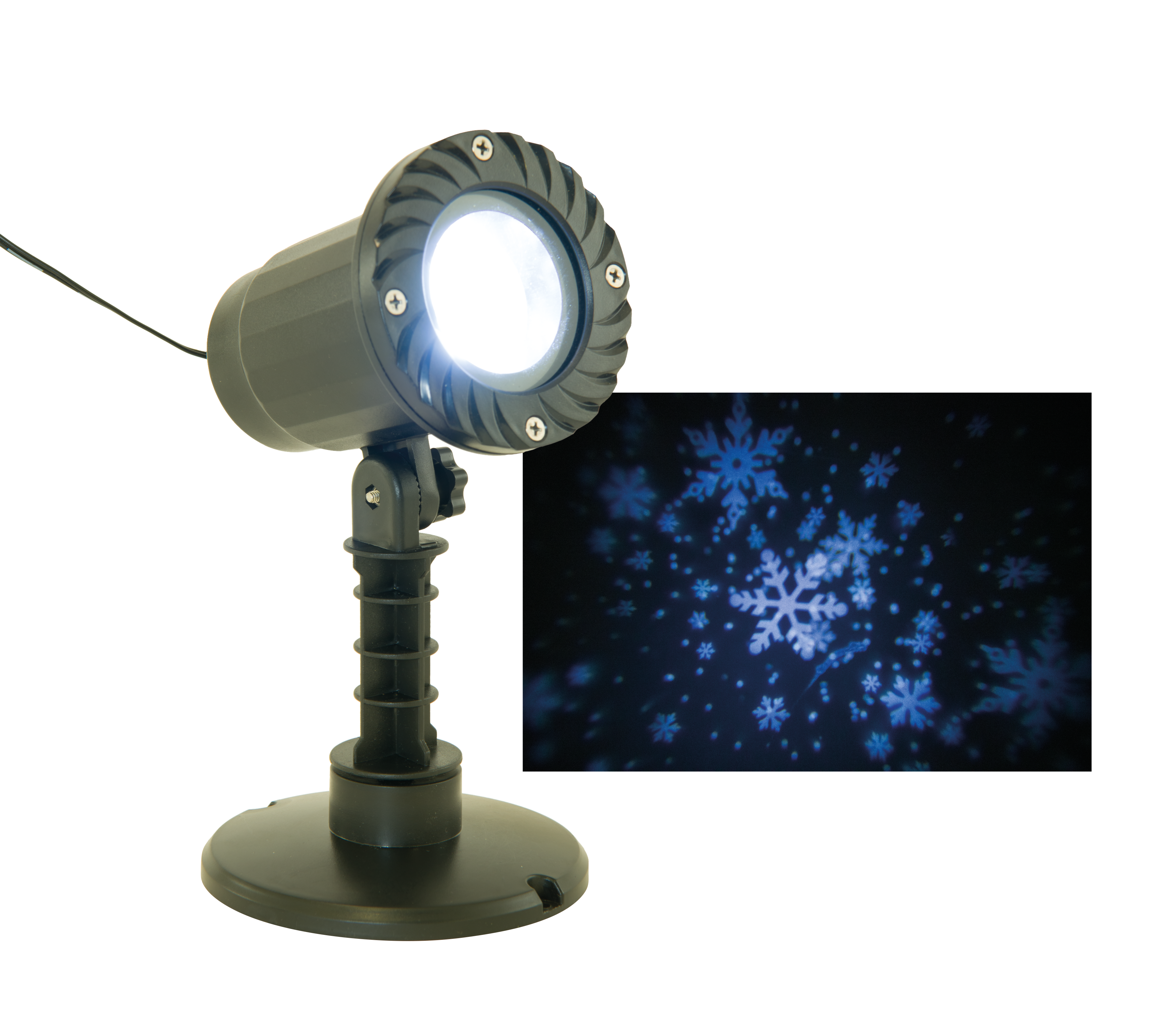LED spotlight, 21x12cm projects white and blue snowflakes, with 4 LEDs, for outdoor use, IP44 transformer fixation with ground spike/metal holder