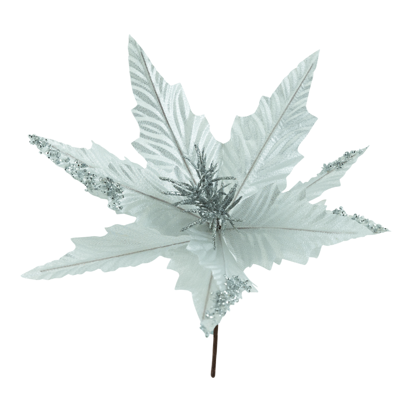 Julstjärna blomhuvud, Ø 31cm Stiel: 14,5cm av plast/konstsilke med glitter och paljetter, flexibel