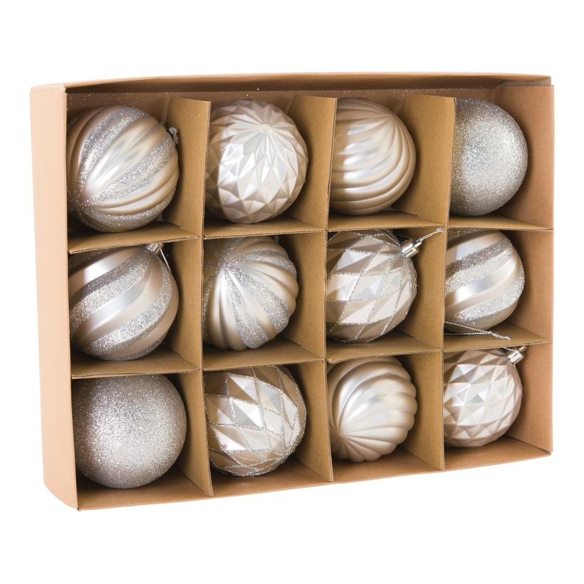 Christmas balls, Ø 8cm 12 pcs., out of plastic, ornaments, in blister, with hanger