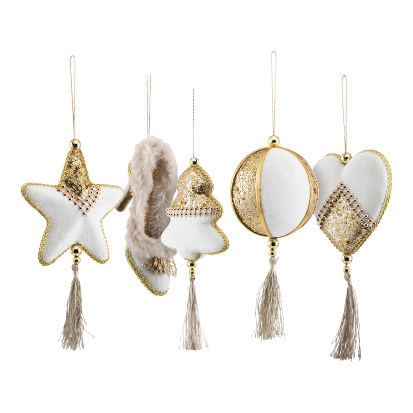 Träddekoration, 8-12cm 5 st. av frigolit/sammet, diverse, med hängare