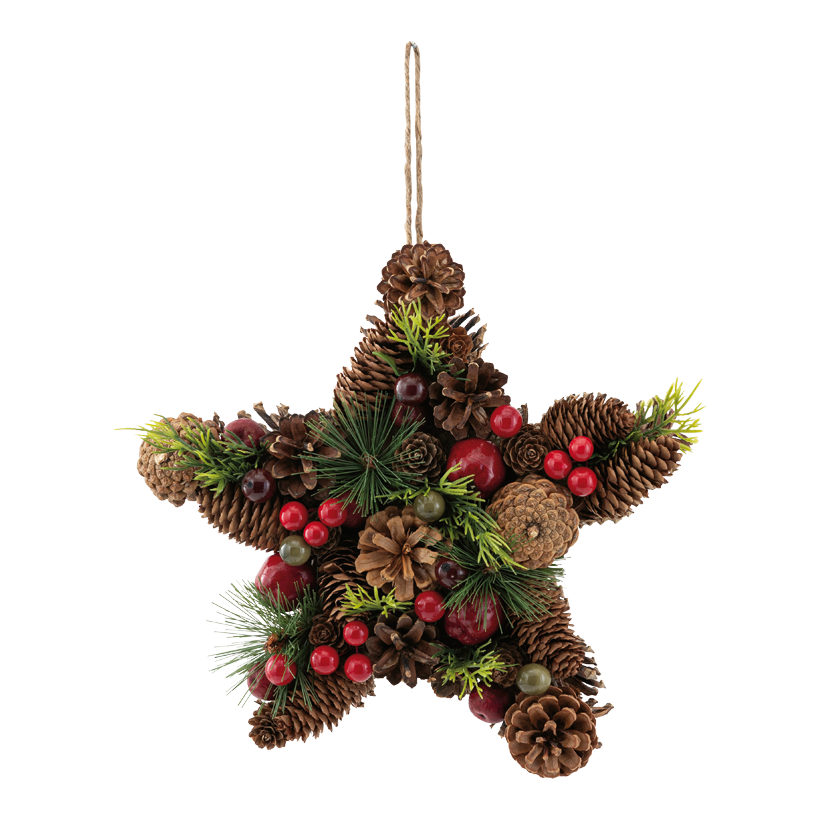 Stjärna med jute-hängare, 28x8cm av plast/naturmaterial ensidig, endast baksidan dekorerad med kottar