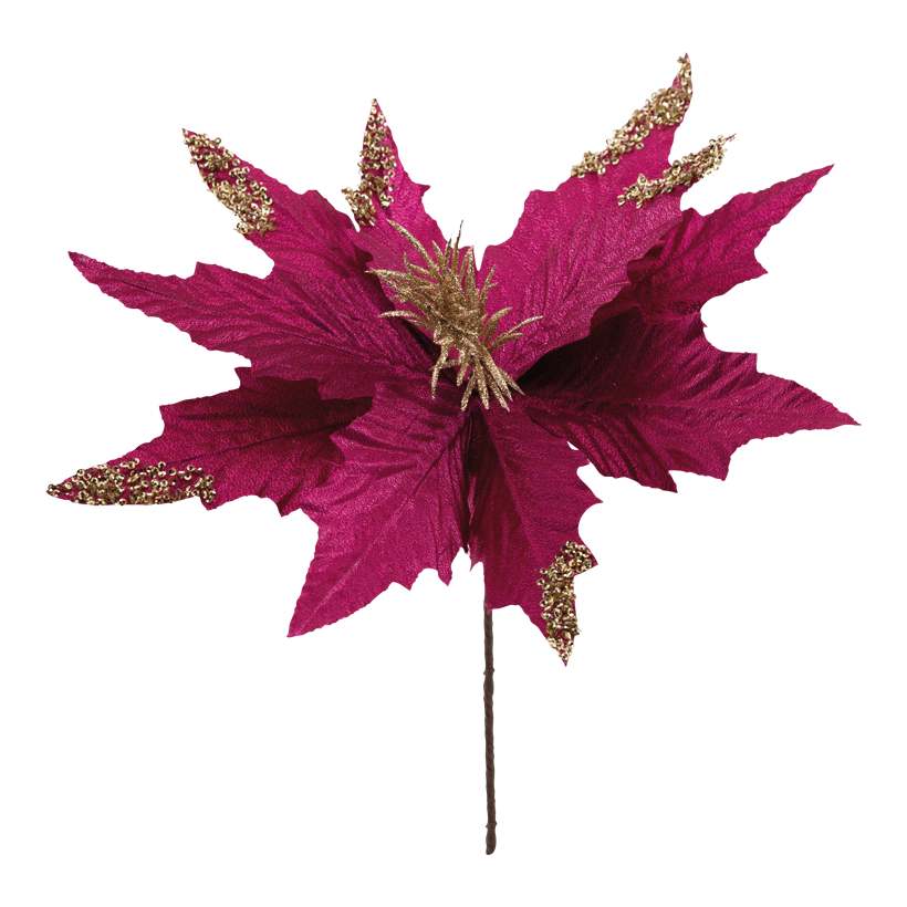 Julstjärna blomhuvud, Ø 31cm Stiel: 14,5cm av plast/konstsilke med glitter och paljetter, flexibel