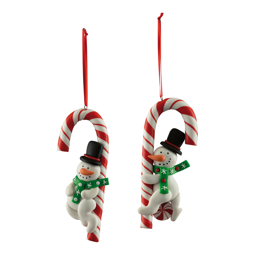 Snögubbe med polkagris, 14cm 2-sidig, av plast, med hängare