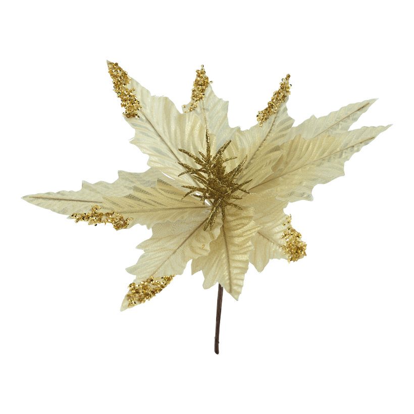 Julstjärna blomhuvud, Ø 31cm Stiel: 14,5cm av plast/konstsilke med glitter och paljetter, flexibel