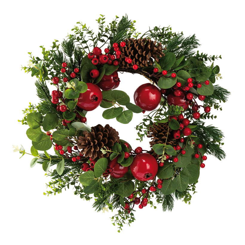 Grankrans med bär, äpplen, Ø 60cm innen Ø 30cm av frigolit/plast/trägrenar kottar Ø 12cm