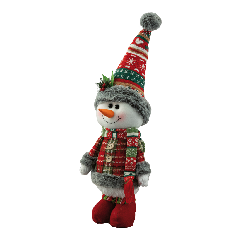 Snögubbe, 59x20x15cm av plast/tyg stående, flexibel mössa