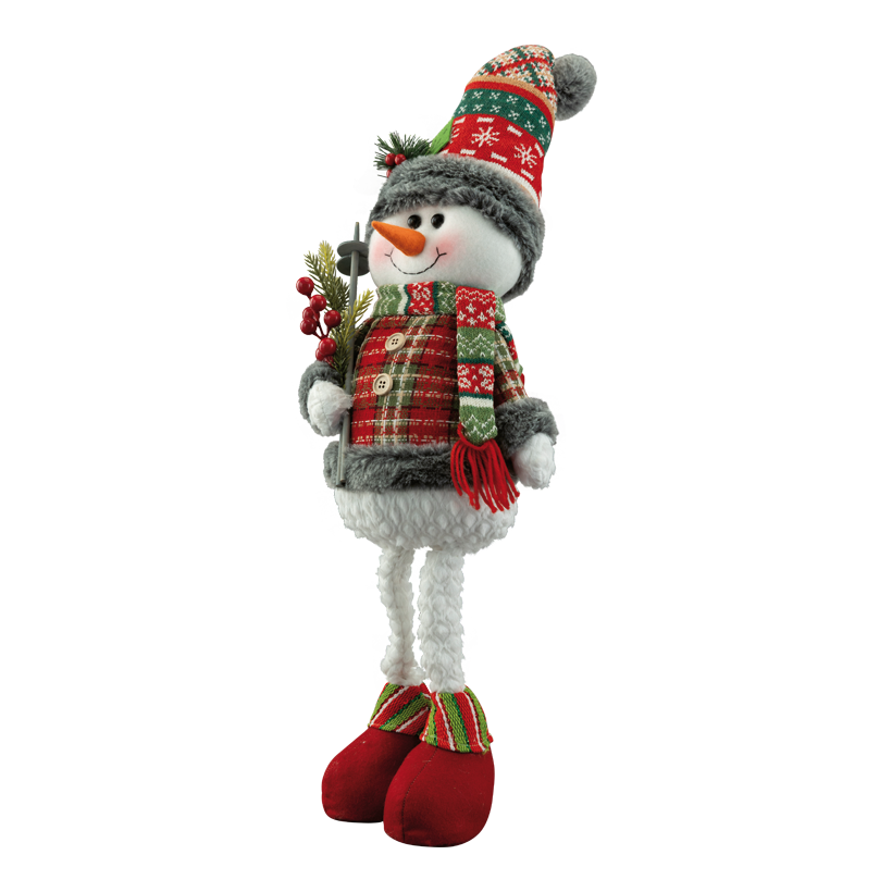 Snögubbe med skidstavar, 74x24x16cm av plast/tyg stående