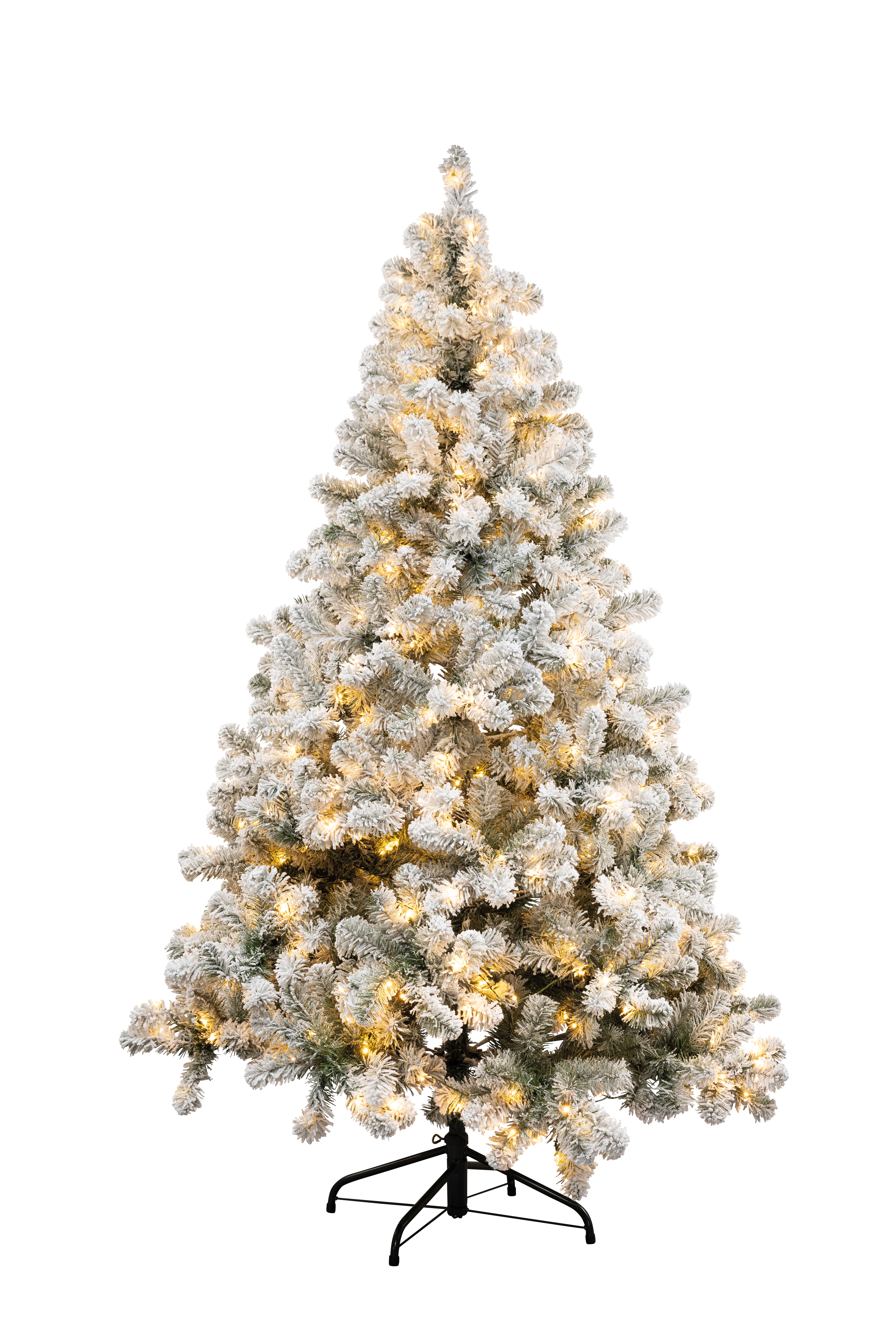 Noble fir, 150cm Ø 88cm with 200 warm white LEDs, 350 tips, out of plastic (PVC), snowed, with metal stand